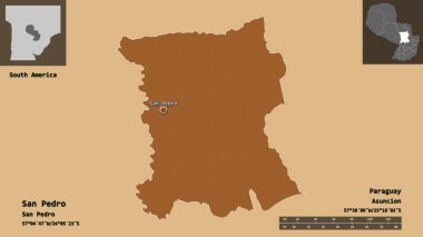 San Pedro 'nun şekli, Paraguay Bölümü ve başkenti. Uzaklık ölçeği, ön gösterimler ve etiketler. Düzenli desenli dokuların bileşimi. 3B görüntüleme