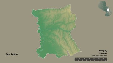 San Pedro 'nun şekli, Paraguay departmanı, sermayesi sağlam arka planda izole edilmiş. Uzaklık ölçeği, bölge önizlemesi ve etiketleri. Topografik yardım haritası. 3B görüntüleme