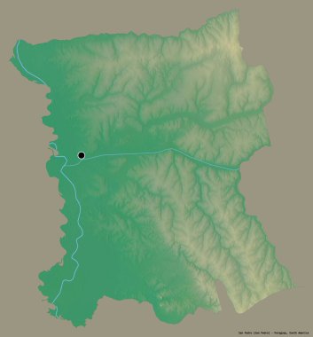 San Pedro 'nun şekli, Paraguay departmanı, başkenti koyu renk arka planda izole edilmiş. Topografik yardım haritası. 3B görüntüleme