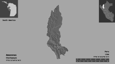 Amazon 'un şekli, Peru bölgesi ve başkenti. Uzaklık ölçeği, ön gösterimler ve etiketler. Çift seviyeli yükseklik haritası. 3B görüntüleme
