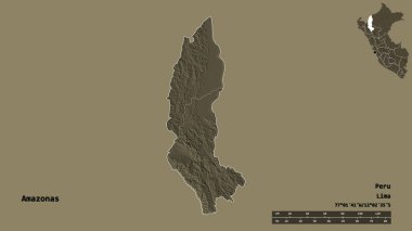 Peru 'nun Amazonas bölgesi, başkenti katı bir zemin üzerinde izole edilmiştir. Uzaklık ölçeği, bölge önizlemesi ve etiketleri. Renkli yükseklik haritası. 3B görüntüleme