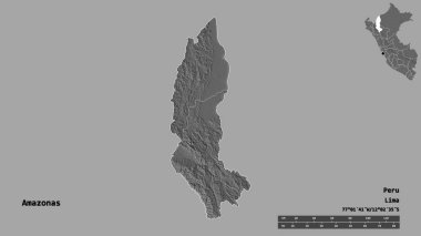 Peru 'nun Amazonas bölgesi, başkenti katı bir zemin üzerinde izole edilmiştir. Uzaklık ölçeği, bölge önizlemesi ve etiketleri. Çift seviyeli yükseklik haritası. 3B görüntüleme