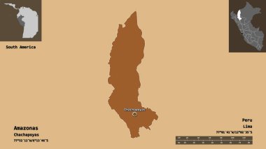 Amazon 'un şekli, Peru bölgesi ve başkenti. Uzaklık ölçeği, ön gösterimler ve etiketler. Düzenli desenli dokuların bileşimi. 3B görüntüleme