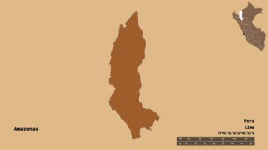 Peru 'nun Amazonas bölgesi, başkenti katı bir zemin üzerinde izole edilmiştir. Uzaklık ölçeği, bölge önizlemesi ve etiketleri. Düzenli desenli dokuların bileşimi. 3B görüntüleme