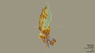 Amazonas bölgesi, Peru bölgesi, katı bir arka planda izole edilmiş bir sınır kutusunda. Etiketler. Topografik yardım haritası. 3B görüntüleme