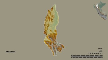 Peru 'nun Amazonas bölgesi, başkenti katı bir zemin üzerinde izole edilmiştir. Uzaklık ölçeği, bölge önizlemesi ve etiketleri. Topografik yardım haritası. 3B görüntüleme