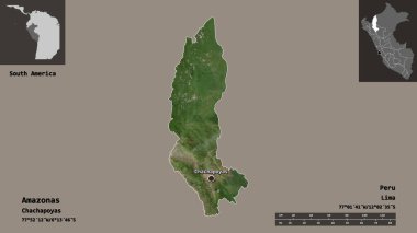 Amazon 'un şekli, Peru bölgesi ve başkenti. Uzaklık ölçeği, ön gösterimler ve etiketler. Uydu görüntüleri. 3B görüntüleme