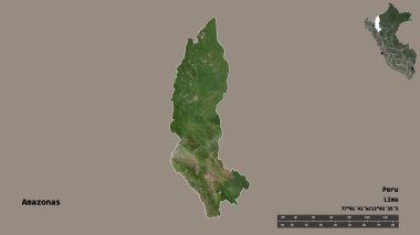 Peru 'nun Amazonas bölgesi, başkenti katı bir zemin üzerinde izole edilmiştir. Uzaklık ölçeği, bölge önizlemesi ve etiketleri. Uydu görüntüleri. 3B görüntüleme