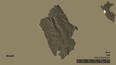 Peru 'nun başkenti Ancash' in sağlam arka planda izole edilmiş hali. Uzaklık ölçeği, bölge önizlemesi ve etiketleri. Renkli yükseklik haritası. 3B görüntüleme