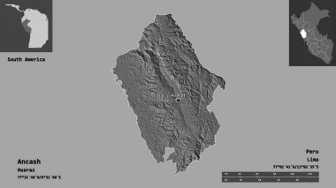 Ancash 'in şekli, Peru bölgesi ve başkenti. Uzaklık ölçeği, ön gösterimler ve etiketler. Çift seviyeli yükseklik haritası. 3B görüntüleme