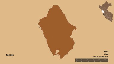 Peru 'nun başkenti Ancash' in sağlam arka planda izole edilmiş hali. Uzaklık ölçeği, bölge önizlemesi ve etiketleri. Düzenli desenli dokuların bileşimi. 3B görüntüleme