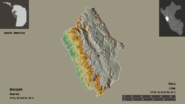 Ancash 'in şekli, Peru bölgesi ve başkenti. Uzaklık ölçeği, ön gösterimler ve etiketler. Topografik yardım haritası. 3B görüntüleme