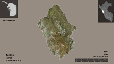 Ancash 'in şekli, Peru bölgesi ve başkenti. Uzaklık ölçeği, ön gösterimler ve etiketler. Uydu görüntüleri. 3B görüntüleme