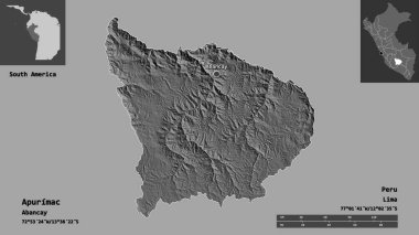 Apurimac 'ın şekli, Peru bölgesi ve başkenti. Uzaklık ölçeği, ön gösterimler ve etiketler. Çift seviyeli yükseklik haritası. 3B görüntüleme