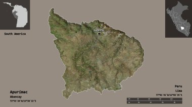 Apurimac 'ın şekli, Peru bölgesi ve başkenti. Uzaklık ölçeği, ön gösterimler ve etiketler. Uydu görüntüleri. 3B görüntüleme