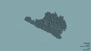 Arequipa bölgesi, Peru bölgesi, jeoreferatlı bir sınır kutusunda sağlam bir arka planda izole edilmiş. Etiketler. Renkli yükseklik haritası. 3B görüntüleme