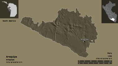 Arequipa 'nın şekli, Peru bölgesi ve başkenti. Uzaklık ölçeği, ön gösterimler ve etiketler. Renkli yükseklik haritası. 3B görüntüleme