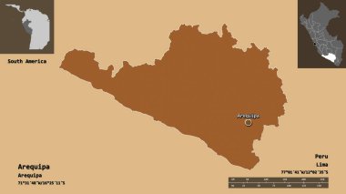 Arequipa 'nın şekli, Peru bölgesi ve başkenti. Uzaklık ölçeği, ön gösterimler ve etiketler. Düzenli desenli dokuların bileşimi. 3B görüntüleme