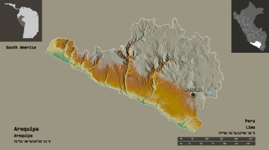 Arequipa 'nın şekli, Peru bölgesi ve başkenti. Uzaklık ölçeği, ön gösterimler ve etiketler. Topografik yardım haritası. 3B görüntüleme