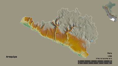 Peru 'nun Arequipa bölgesi, başkenti katı bir zemin üzerinde izole edilmiştir. Uzaklık ölçeği, bölge önizlemesi ve etiketleri. Topografik yardım haritası. 3B görüntüleme