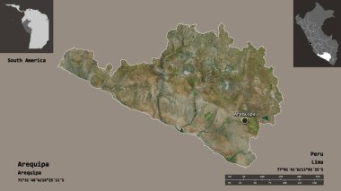 Arequipa 'nın şekli, Peru bölgesi ve başkenti. Uzaklık ölçeği, ön gösterimler ve etiketler. Uydu görüntüleri. 3B görüntüleme