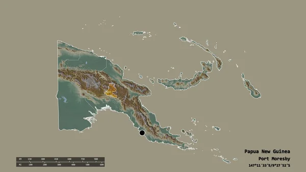 以首都 主要区域分部和分离的Chimbu地区为首都的巴布亚新几内亚的绝望面貌 地形浮雕图 3D渲染 — 图库照片