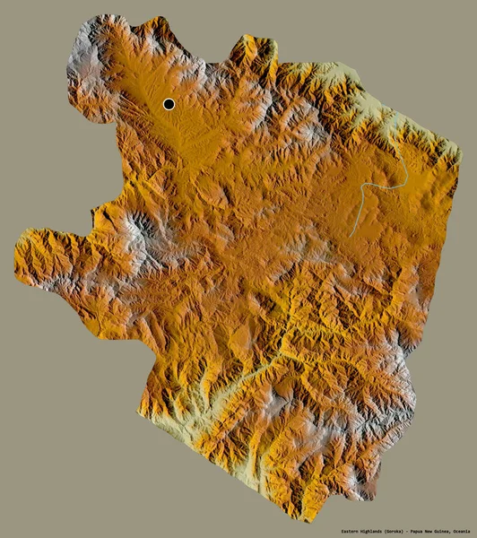 パプアニューギニアの東部高地の形で その首都はしっかりした色の背景に隔離されています 地形図 3Dレンダリング — ストック写真