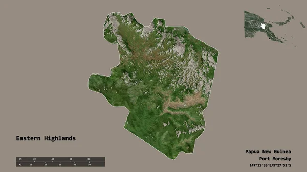 パプアニューギニアの東部高地の形で その首都はしっかりとした背景に隔離されています 距離スケール リージョンプレビュー およびラベル 衛星画像 3Dレンダリング — ストック写真