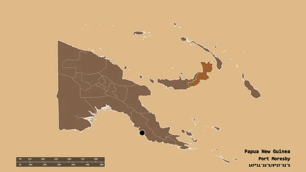 以首都 主要区域分部和分隔的东新不伦瑞克地区为首都的巴布亚新几内亚的绝望面貌 有规律的纹理的组成 3D渲染 — 图库照片