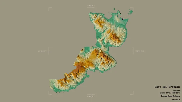 パプアニューギニアの東ニューイギリスの地域は 洗練された境界線の箱の中にしっかりとした背景に隔離されています ラベル 地形図 3Dレンダリング — ストック写真