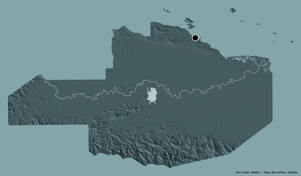 パプアニューギニアの東セピック州の形で その首都はしっかりした色の背景に隔離されています 色の標高マップ 3Dレンダリング — ストック写真
