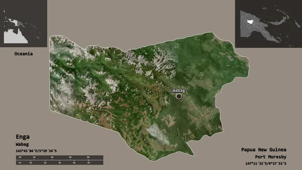 巴布亚新几内亚省Enga的形状及其首都 距离刻度 预览和标签 卫星图像 3D渲染 — 图库照片