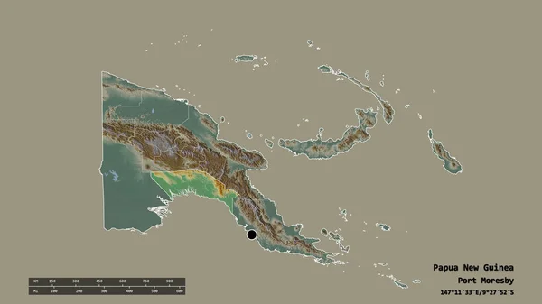 以首都 主要区域分部和分离的海湾地区为首都的巴布亚新几内亚的绝望面貌 地形浮雕图 3D渲染 — 图库照片