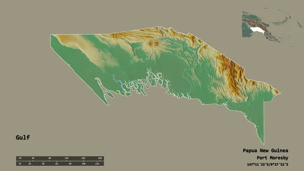巴布亚新几内亚省海湾形状 其首都在坚实的背景下与世隔绝 距离尺度 区域预览和标签 地形浮雕图 3D渲染 — 图库照片