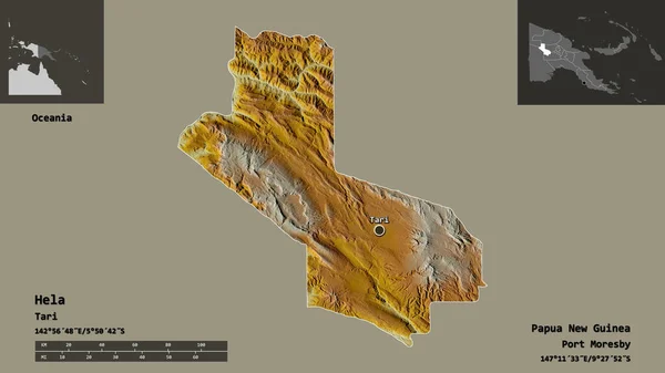 パプアニューギニアの州であるヘラとその首都の形 距離スケール プレビューおよびラベル 地形図 3Dレンダリング — ストック写真