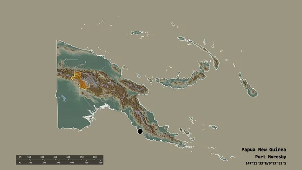 以首都 主要区域分部和分开的Hela地区为首都的巴布亚新几内亚的绝望面貌 地形浮雕图 3D渲染 — 图库照片