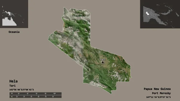 巴布亚新几内亚省Hela的形状及其首都 距离刻度 预览和标签 卫星图像 3D渲染 — 图库照片
