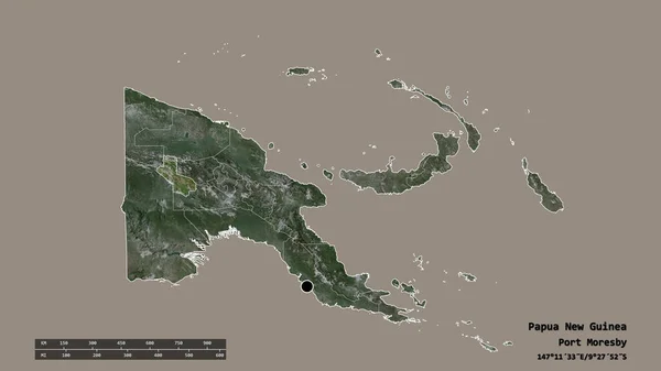 以首都 主要区域分部和分开的Hela地区为首都的巴布亚新几内亚的绝望面貌 卫星图像 3D渲染 — 图库照片