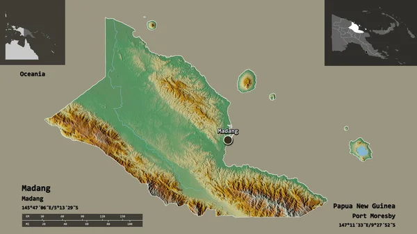 巴布亚新几内亚马当省的形状及其首都 距离刻度 预览和标签 地形浮雕图 3D渲染 — 图库照片