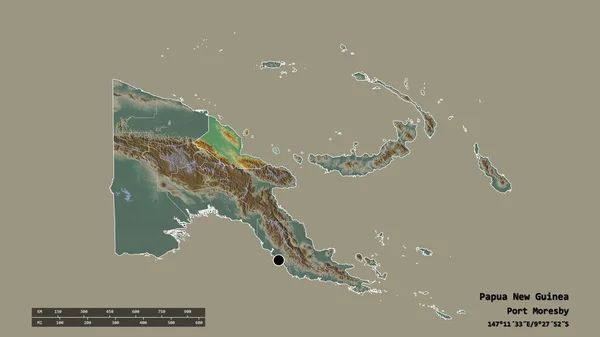 以首都 主要区域分部和独立的马当地区为首都的巴布亚新几内亚的绝望面貌 地形浮雕图 3D渲染 — 图库照片