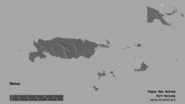 巴布亚新几内亚的马努斯省的形状 其首都在坚实的背景下与世隔绝 距离尺度 区域预览和标签 Bilevel高程图 3D渲染 — 图库照片