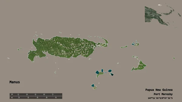 巴布亚新几内亚的马努斯省的形状 其首都在坚实的背景下与世隔绝 距离尺度 区域预览和标签 卫星图像 3D渲染 — 图库照片
