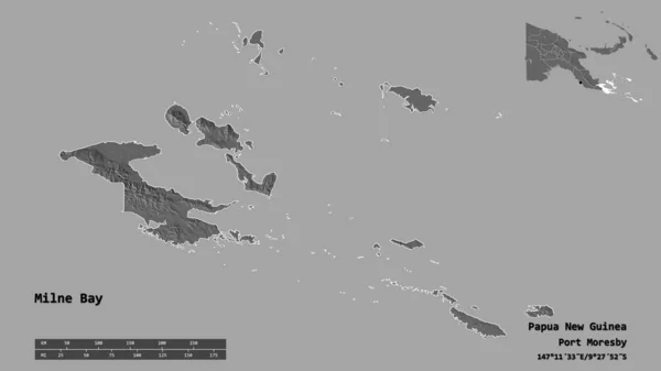 巴布亚新几内亚省米尔恩湾的形状 其首都在坚实的背景下与世隔绝 距离尺度 区域预览和标签 Bilevel高程图 3D渲染 — 图库照片