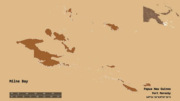 巴布亚新几内亚省米尔恩湾的形状 其首都在坚实的背景下与世隔绝 距离尺度 区域预览和标签 有规律的纹理的组成 3D渲染 — 图库照片