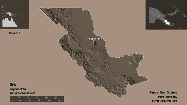 パプアニューギニアの州オロとその首都の形 距離スケール プレビューおよびラベル 色の標高マップ 3Dレンダリング — ストック写真
