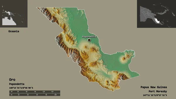 巴布亚新几内亚省Oro的形状及其首都 距离刻度 预览和标签 地形浮雕图 3D渲染 — 图库照片