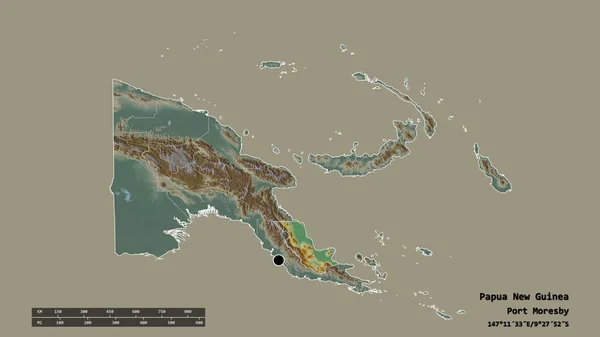 以首都 主要区域分部和分隔的奥罗地区为首都的巴布亚新几内亚的荒凉面貌 地形浮雕图 3D渲染 — 图库照片