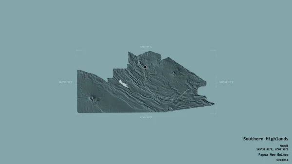巴布亚新几内亚省南部高地地区 背景坚实 在一个地理参考方块中被隔离 彩色高程图 3D渲染 — 图库照片