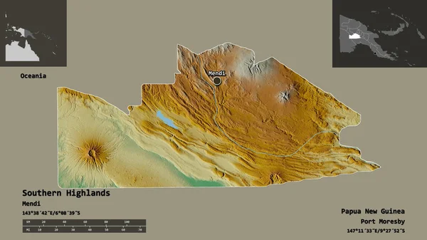 南部高地 パプアニューギニアの州 およびその首都の形 距離スケール プレビューおよびラベル 地形図 3Dレンダリング — ストック写真