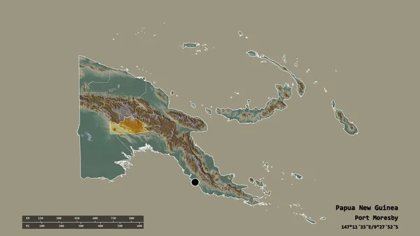 以首都 主要区域分部和南部高地分离地区为首都的巴布亚新几内亚的荒凉面貌 地形浮雕图 3D渲染 — 图库照片